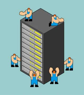 Server and workers. Workman service Network Data center technology system int Stock Illustration