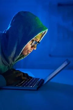 Server, black man or hacker coding on laptop for cybercrime, malware or phishing Foto stock