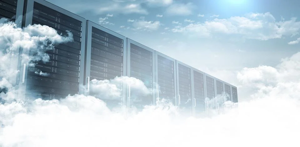 Server cabinets are emerging from cloud formations in flat design cloud Stock Photos