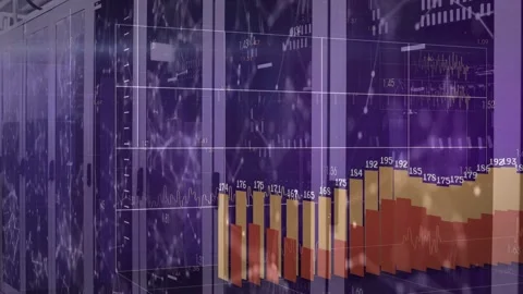 Server cabinets data center grid forming sparking 3D bars rising then falling to 库存影片 332625431