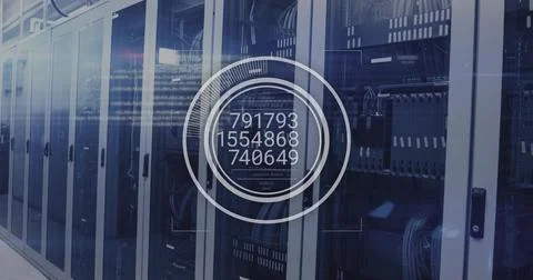 Server cabinets in DC scanning after sensor detecting spike HUD overlay showing Stock Illustration