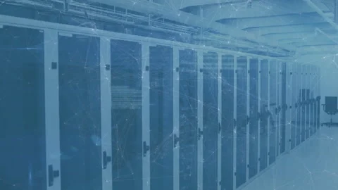 Server cabinets displaying black server racks alongside network node overlay in 스톡 동영상 309103220