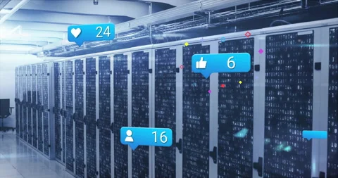 Server cabinets displaying social icons emerging, drifting and shifting counts Stock Footage 312712518