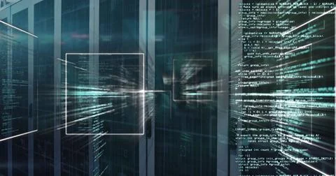 Server cabinets displaying streaming code overlays in data center, with floating Stock Photos