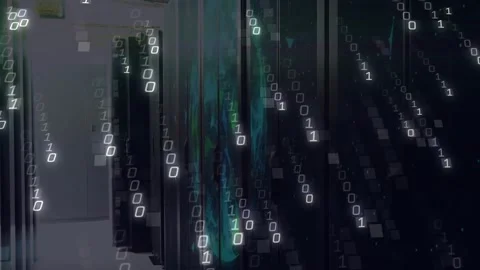 Server cabinets featuring pulsing globe drawing binary streams wrapping around Stock Footage 320067925