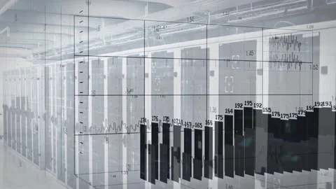 Server cabinets filling data hall grid drawing then spawning 3D bars showing 库存影片 331789952