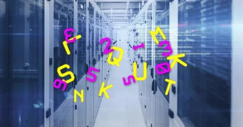 Server cabinets flashing LEDs and floating code symbols in central data center 스톡 사진