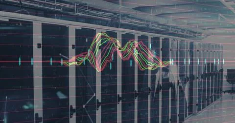 Server cabinets glowing with LEDs under cable trays in data center, digital Stock Photos