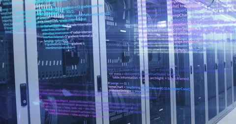 Server cabinets glowing through rack doors with cables and floating code overlay Stock Footage 309145464