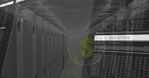 Server cabinets glowing under fluorescent lights in data center, displaying 스톡 사진