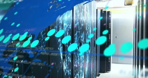 Server cabinets lining data center corridor getting teal dots and blue swath, Stock Footage 331635275