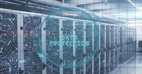 Server cabinets lining data center corridor under overhead cable trays with DATA Stock Photos
