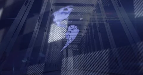 Server cabinets lining data center corridor, with globe projection, scan-line Stock Photos