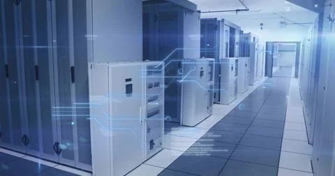 Server cabinets lining data center corridor showing network racks, circuit Stock Photos