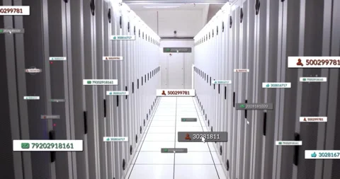 Server cabinets lining narrow corridor, LED lights casting glow, digital tags Stock Footage 309145502