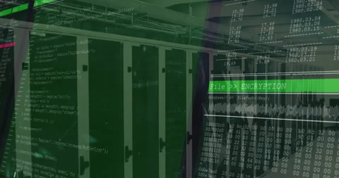 Server cabinets lining narrow corridor, showing code overlay and running Stock Footage 309155826