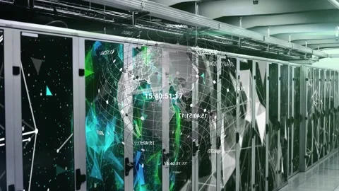 Server cabinets receiving data input projecting wireframe globe with data tags Stock Footage 332545306