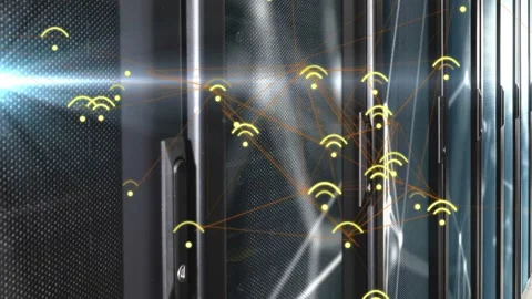 Server cabinets receiving data, yellow nodes emerging, orange lines connecting Stock Footage 332900341
