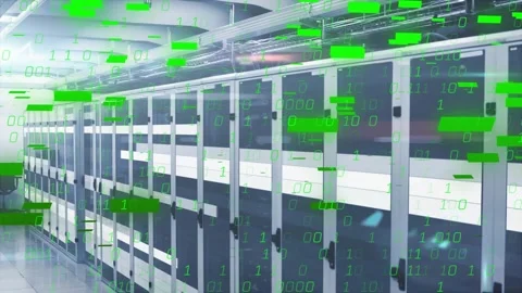 Server cabinets receiving network ping, green binary overlay appearing and Vídeos de archivo 331227148
