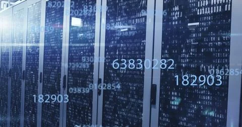 Server cabinets standing in rows showing blue binary code and glowing numerals 스톡 사진