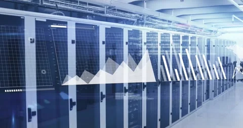 Server cabinets static while line graph fading triggers layers animating to Stock Footage 317206872