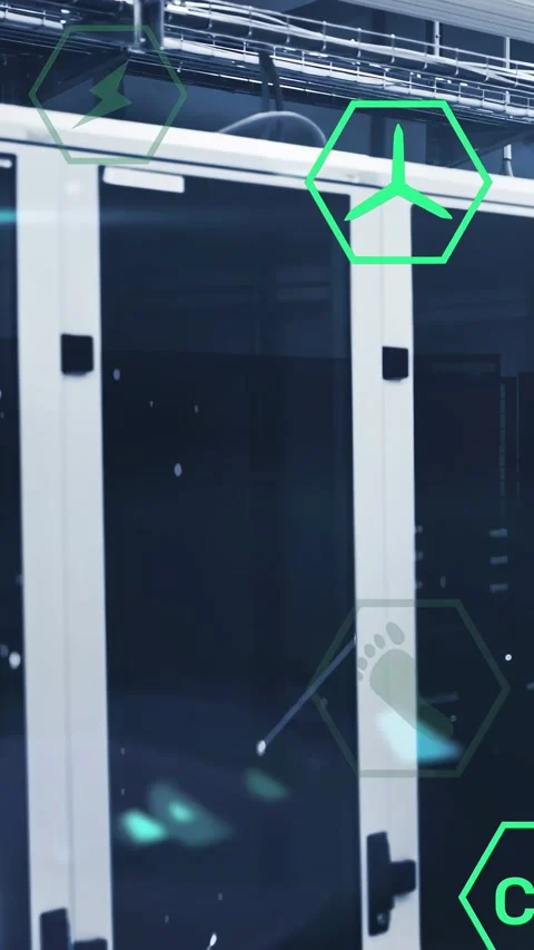 Server cabinets staying static, neon hex icons shifting on loop, showing data Stock Footage 333020475