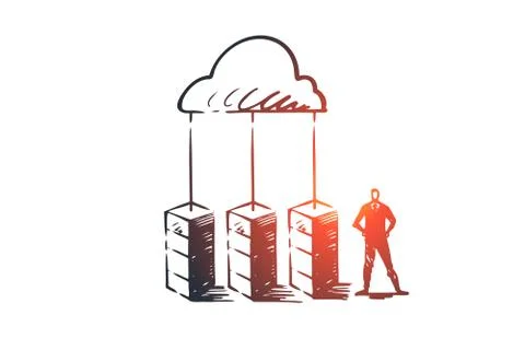 Server, cloud, system, database, storage concept. Hand drawn isolated vector. Stock Illustration