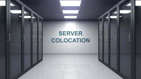 SERVER COLOCATION caption on the wall of a server room. Conceptual 3D rendering Stock Illustration