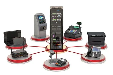 Server communication with trading, banking and offices equipment's concept. 3 Stock Illustration