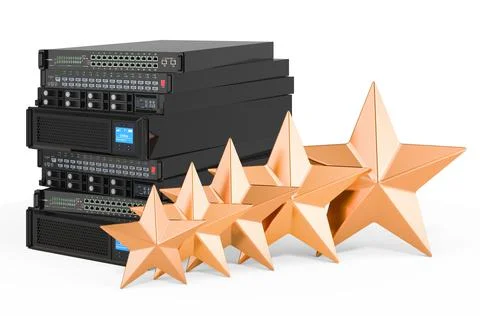 Server computer equipment with five golden stars. Customer rating of server e Stock Illustration