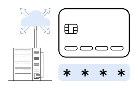 Server connected to cloud with arrows, alongside a chip card and masked passw Stock Illustration