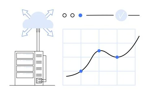 Server connected to cloud computing with arrows, data analytics graph showing Stockillustratie