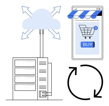 A server connected to a cloud, a mobile shopping interface, and a refresh sym Stock Illustration