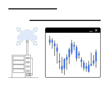 Server connecting to cloud with outward arrows next to a browser window displ Stock Illustration
