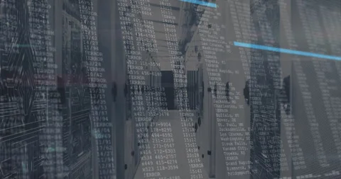 Server corridor being visualized with flanking racks, circuit patterns and Stock Footage 307441990