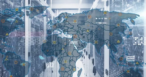 Server corridor glowing with digital map overlay, showing network cables in flat Stock Footage 309111361