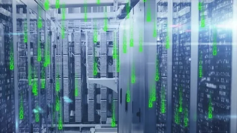 Server corridor on network pulse, showing falling green code overlay covering Stock Footage 331235476