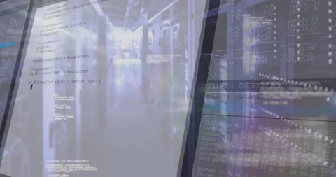Server corridor opening showing code overlay scrolling and hex panel sliding Stock Footage 312898399