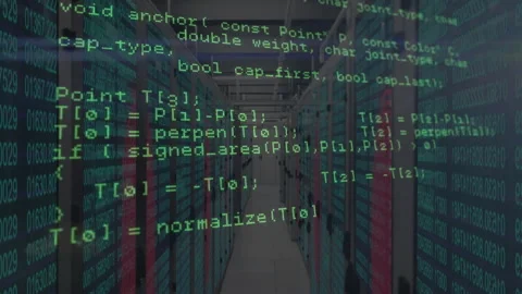 Server corridor showing green code overlay fading then scrolling through Stock Footage 313493062