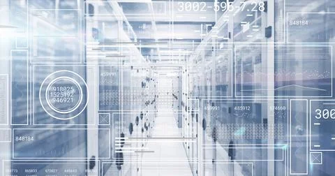 Server corridor showing translucent data charts over tall racks and glossy aisle Stock Photos