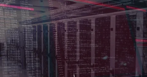 Server corridor view starting code overlay fading in pulsing red scan bar and Stock Footage 317264786