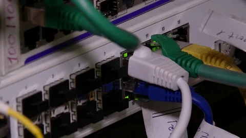 Server. Cyber. Cable server connection with lights. 4K 스톡 동영상 84384351