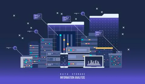 Server data center, flat illustration. Internet network technology Stock Illustration