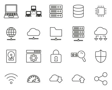 Server &amp; Data Center Icons Black &amp; White Thin Line Set Big Ilustración de archivo