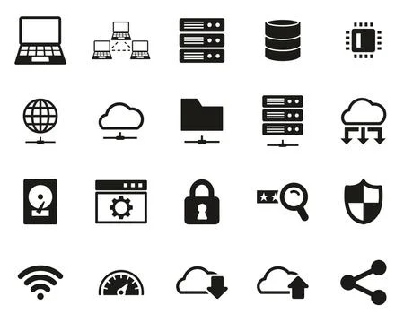 Server &amp; Data Center Icons Black &amp; White Set Big Stock Illustration