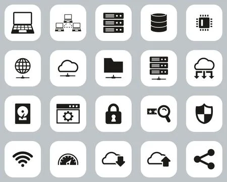 Server &amp; Data Center Icons Black &amp; White Flat Design Set Big Stockillustratie