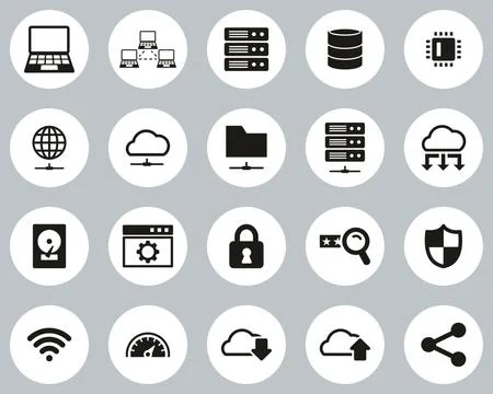 Server &amp; Data Center Icons Black &amp; White Flat Design Circle Set Big Stock Illustration