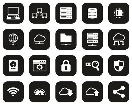 Server &amp; Data Center Icons White On Black Flat Design Set Big Stock Illustration