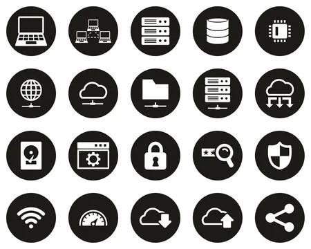 Server &amp; Data Center Icons White On Black Flat Design Circle Set Big Stock Illustration