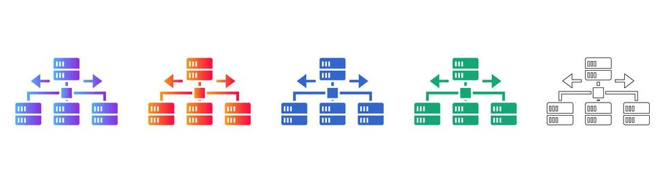 Server Data Network Hierarchy and Flow Icons Set 库存插图